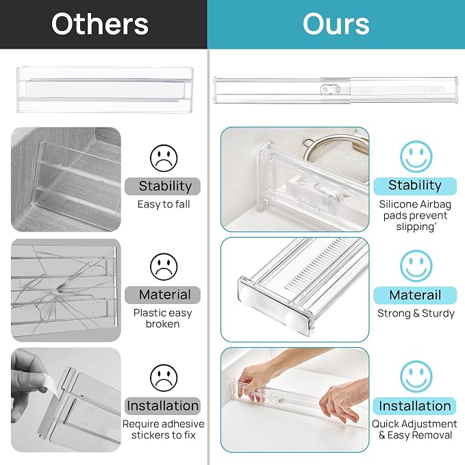 Vtopmart 2.36" Short Upgrade Drawer Dividers 12.8"-22.3" Expandable 4 Pack | Adjustable Kitchen Drawer Organizer, Clear Plastic Separator for Flatware, Utensils, Cutlery, Underwear Storage, Space Saving