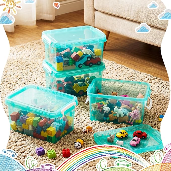 6 Pack Colorful Plastic Storage Bins with Lids 4 Quart Small Storage Latch Box Stackable and Nestable Clear Organizer Bins with Latching Handle and Buckle for Organizing (Teal)
