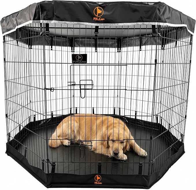 PJYuCien Puppy Playpen with Top Cover & Bottom Pad, 8 Panels 42" H, Black | 24"W, Large Pet Safe Sanctuary, Foldable Octagonal Pen, Versatile, Indoor & Outdoor, Backyard Pasture, Protects Floors