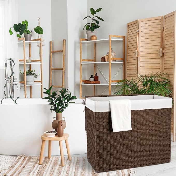 OIAHOMY Laundry Hamper with Lid, 140L(35.7 Gal) Large Wicker Laundry Basket for Bedroom, Handwoven Paper Rope Clothes Hamper with Washable Liner & Metal Frame, Decorative Organizer for Bathroom Brown