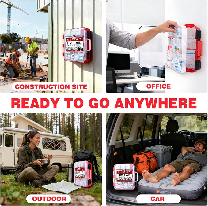 400 Pieces All-Purpose First Aid Kit, Organized Dual-Layer Wall | 100-Person, Professional Medical Kit For Home, Car, Camping, Travel, Office, Outdoor, Business & Sports