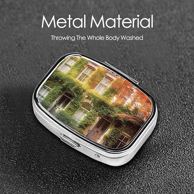 Square Pill Box Leafy Townhouses Pill Case for Purse & Pocket 3 Compartment Pill Organizer Portable Travel Pillbox Medicine Pill Holder Container for Daily Vitamin Cod Liver Oil Storage
