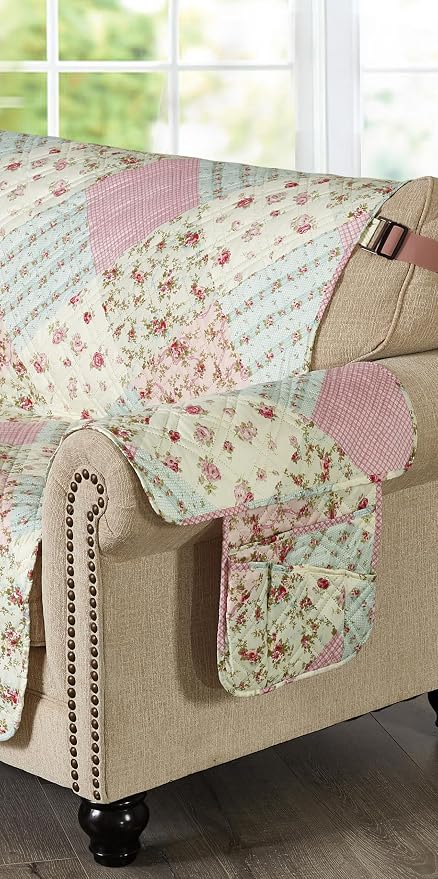 Brilliant Sunshine Pink & Green Roses Couch Armrest Cover, 35"×13" | Washable Magazine Holder, Armrest Organizer & Caddy on Sofa, Recliner, Armchair, Storage for Remote Controls, Phone, iPad