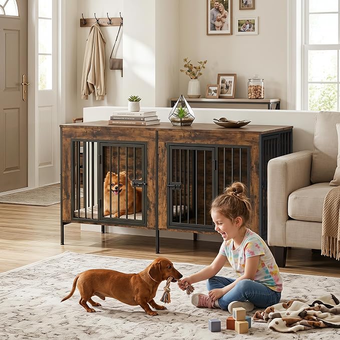 EasyCom 55" Wooden Double Dog Crate Furniture, Removable Divider, Brown | Raised Legs, For 1–2 Small to Medium Dogs, Multiuse TV, Plant & Display Stand