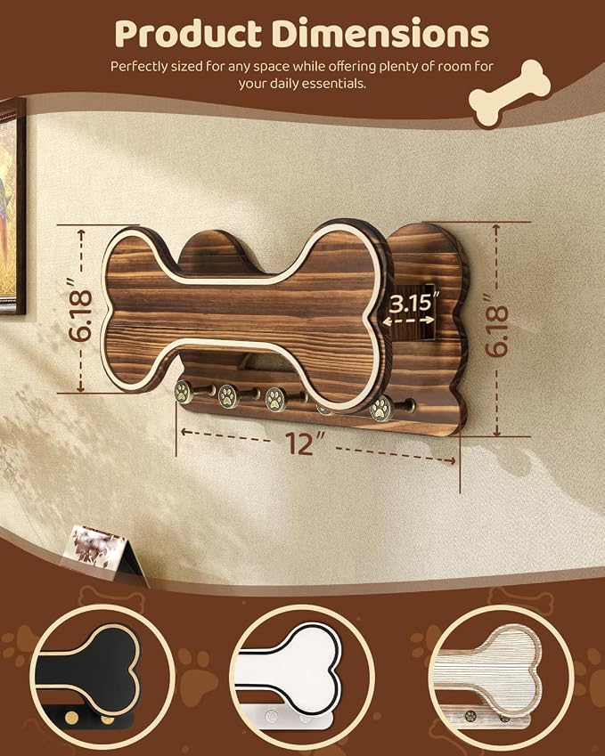 MTERSN Dog Leash Holder for Wall with Key Hooks for Dog Gear Storage, Brown | 3D Puppy Paw Hooks, Doggie Bone Shape, Key Rack with 5 Hooks, Wall Shelf for Treats & Dog Food, Ideal for Wall Decor