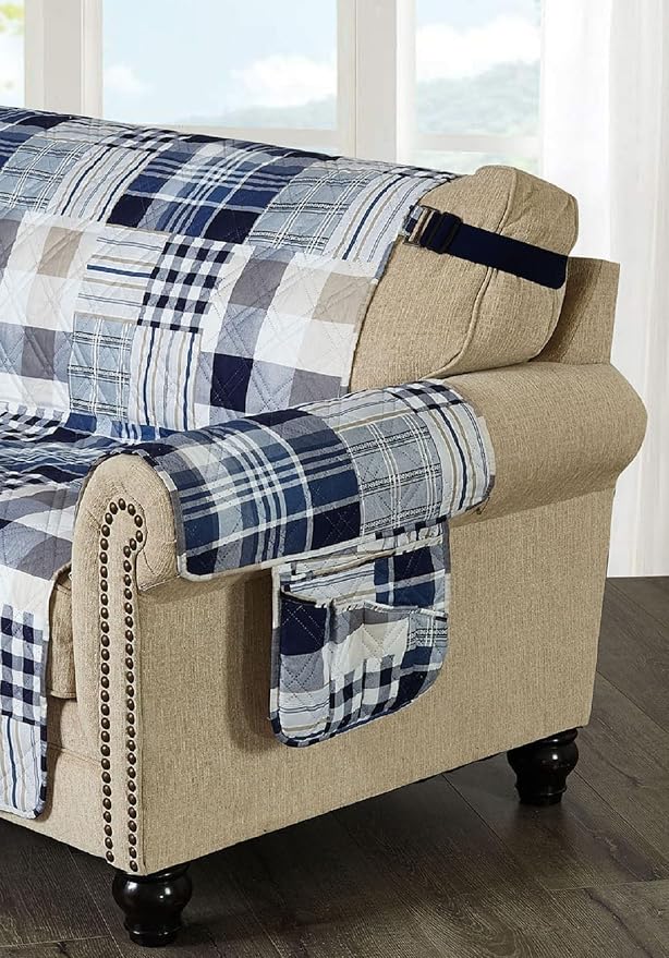 Brilliant Sunshine Blue Plaids & Stripes Couch Armrest Cover, 35"×13" | Washable Magazine Holder, Armrest Organizer & Caddy on Sofa, Recliner, Armchair, Storage for Remote Controls, Phone, iPad