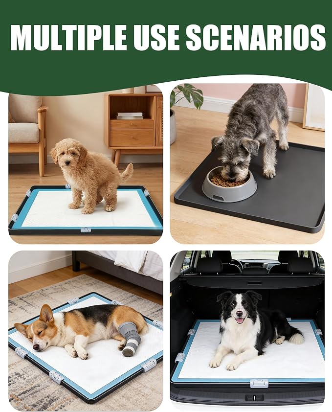 Dog Pee Pad Holder with 6 Clips, 27x27 Inch Silicone Puppy Pad Tray, Raised Edge Leak-Proof No Spill Mat for Dog Training Pads, Non-Slip Potty Holder for Indoor Floor Protection, Black