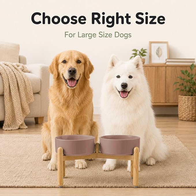 Havniva Ceramic Dog Bowls Elevated, Raised Dog Food Bowl for Large Dogs | 8.3” Elevated Dog Bowls, Non-Slip Wood Stand, Dog Food and Water Bowl Set, Dog Feeding Dish, Large Capacity Pet Water Bowl