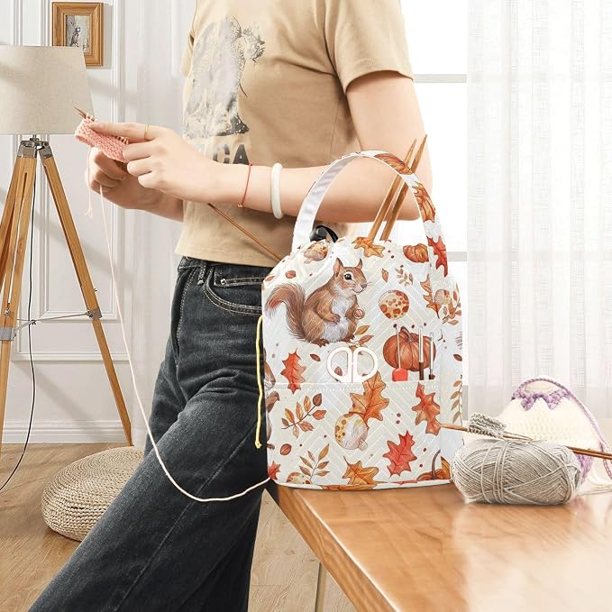 Fustylead Cute Squirrel Maple Pumpkin and Mushroom Yarn Knitting Crochet Drawstring Bag with Customized Front Compartment, Portable Large Storage Basket for Crocheting Project, Kit, Yarn Ball, Needle