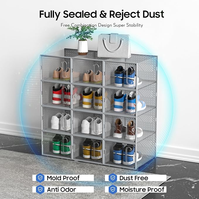 Large Shoe Organizer Storage Box with Magnetic Door,12 Pack Clear Plastic Stackable Sneaker Containers for Closet, Connect Left and Right Shoe Box for Entryway, Drop Front, Under Bed (Grey)