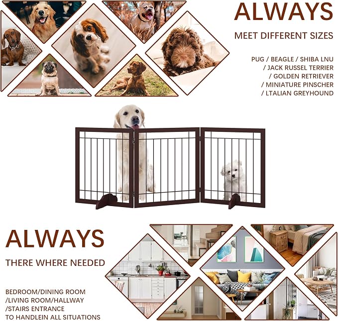 JSB 72-inch Extra Wide 28-inch Tall Dog gate, Freestanding Pet Gate for Halls, Stairs & Home, Pet Puppy Safety Dog Fence with 2PCS Support Feet (Espresso)