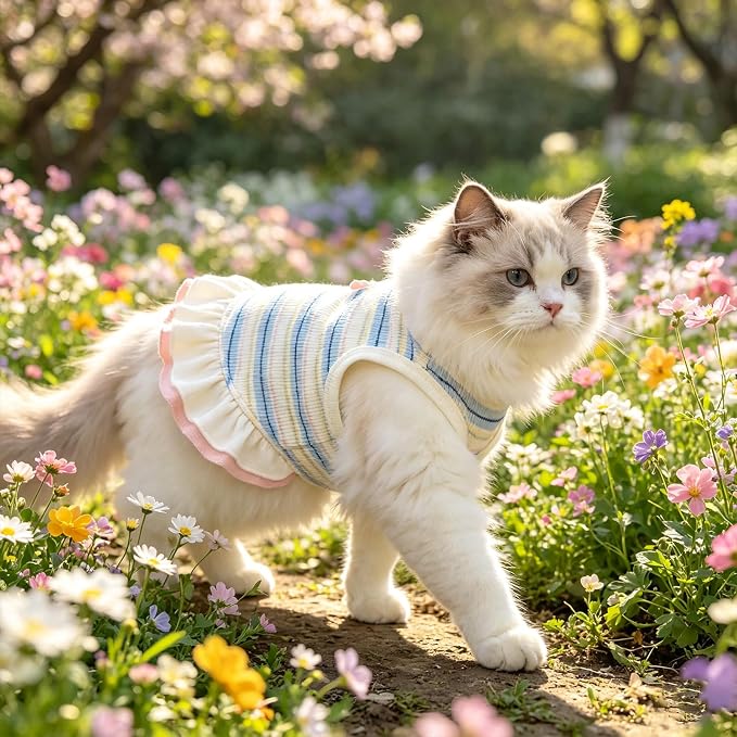 Striped Small Dog Dress Cute Pink Girl Dogs Cats Clothes, Blue M
