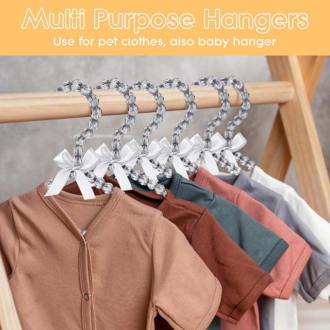 Mini Beaded Closet Hangers for Kid Clothes - Pack of 5, 7.8" Cute Organizers for Small Garments, Pet Outfits, Boutique Displays, Satin Bow Detail - Gentle Gray