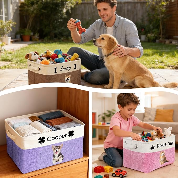 Personalized Dog Cat Toy Storage Basket with Handles Custom Pet Name & Photo Collapsible Organizer Bin Customized Storage Box for Pet Supplies
