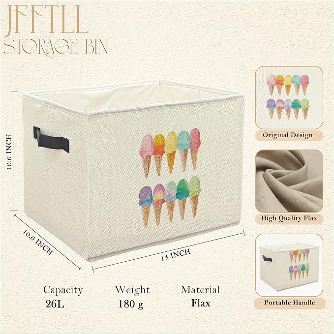 Summer Ice Cream Storage Bins with Handles, Ice Cream Lovers Gifts, Colorful Ice-Creams Collapsible Laundry Basket Storage Box for Home Bedroom Bathroom Clothes Toys Books