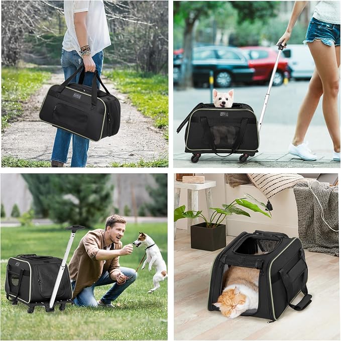 Petsfit Cat Carrier with Wheels, Removable Spinner Wheels, Up to 13 lb | Fits pets up to 15 L x 8 H in and 13 lb; removable spinner wheels, anti-sag frame, 4-sided mesh, safety tether and locks.