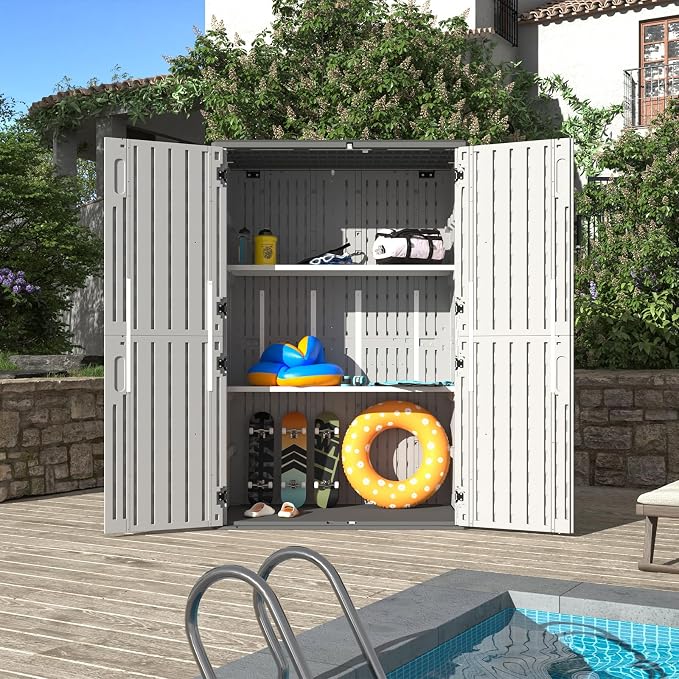 Aoxun 64 Cu.Ft Resin Outdoor Storage Shed with 2 Shelves & Floor, White | Vertical Waterproof Cabinet for Garage, Pool, Bike, Garden Tools, Patio Furniture