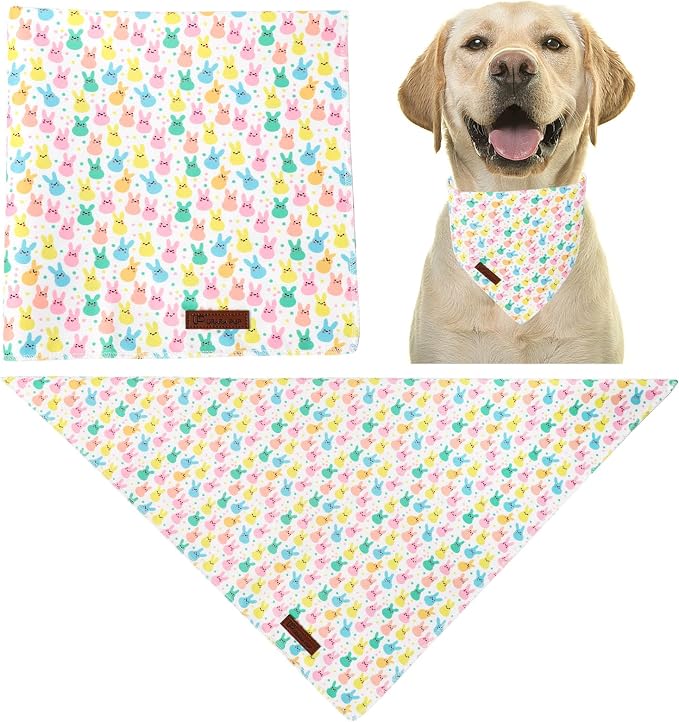 Easter Day Dog Bandana, UP URARA PUP Easter Bunny Triangle Bid Scarf for Medium Large Dogs, Cotton Kerchief for Girl Boy Puppies, Cute Spring Bunny Bandana,L