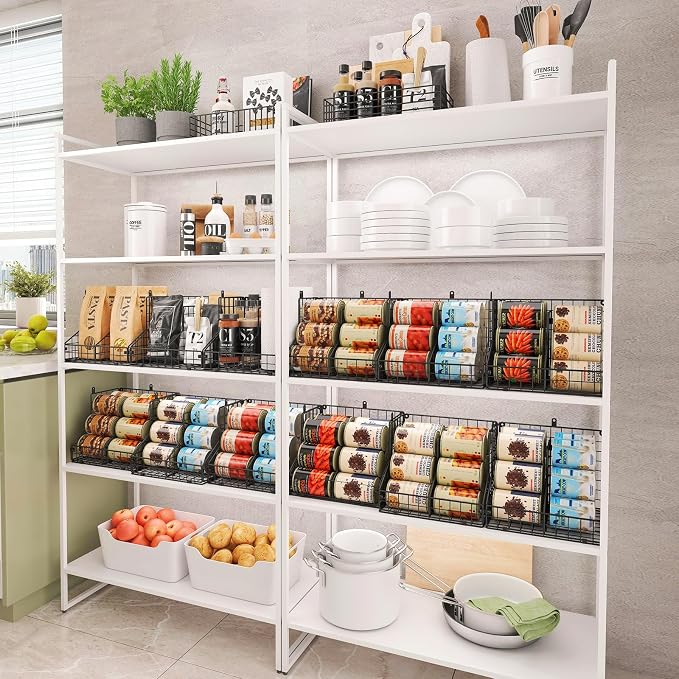 JKsmart 4 Pack Stackable Can Organizer for Pantry with Adjustable Dividers, Soda Can Organizer, Can Storage Dispenser Holds up to 56 Cans, Metal Wire Baskets Can Holder for Kitchen Cabinet Pantry