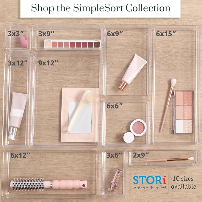 STORi SimpleSort 6-Piece Stackable Clear Drawer Organizer Set | 3" x 3" x 2" Square Trays | Small Makeup Vanity Storage Bins and Office Desk Drawer Dividers | Made in USA (Pack of 2)