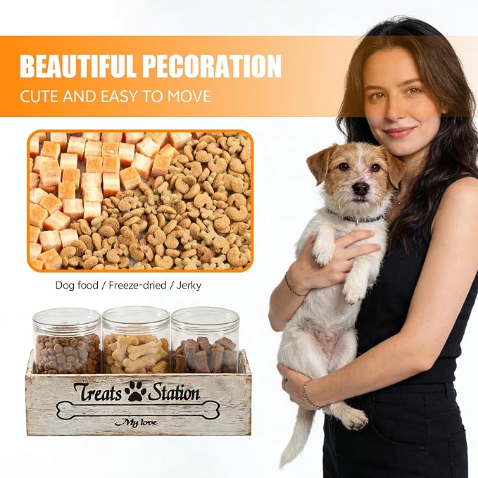 Dog Food Storage Container Pet Treat Organizers with 3 Jars Dog Stuff Dog Treat Container for Countertop Farmhouse Decor Gift for Pet Dog Cookie Cat Treat Jar