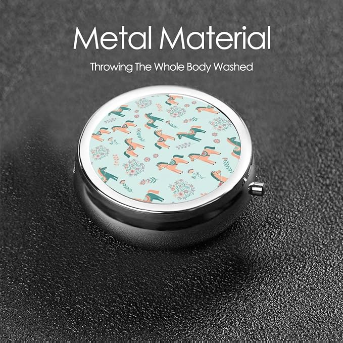 Travel Pill Dispenser, Round Small Organizer, Metal Case for Medicine, Pocket Purse Container for Camping Trips, Flowers Floral Horse Couple Art