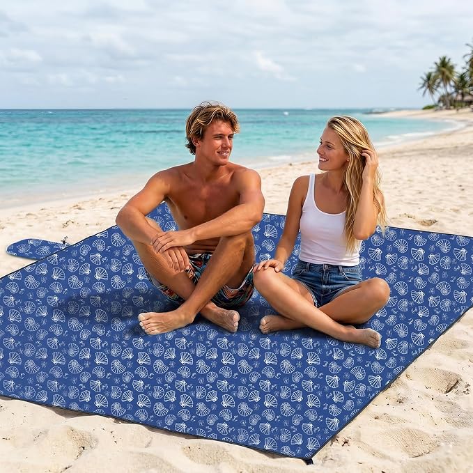 OIGAE Beach Blanket Waterproof Sandproof Oversized Beach Mat | Picnic Mat with Stakes, Storage Bag - Essentials for Outdoor Beach, Picnic,Quick-Dry Lightweight,Windproof Pockets