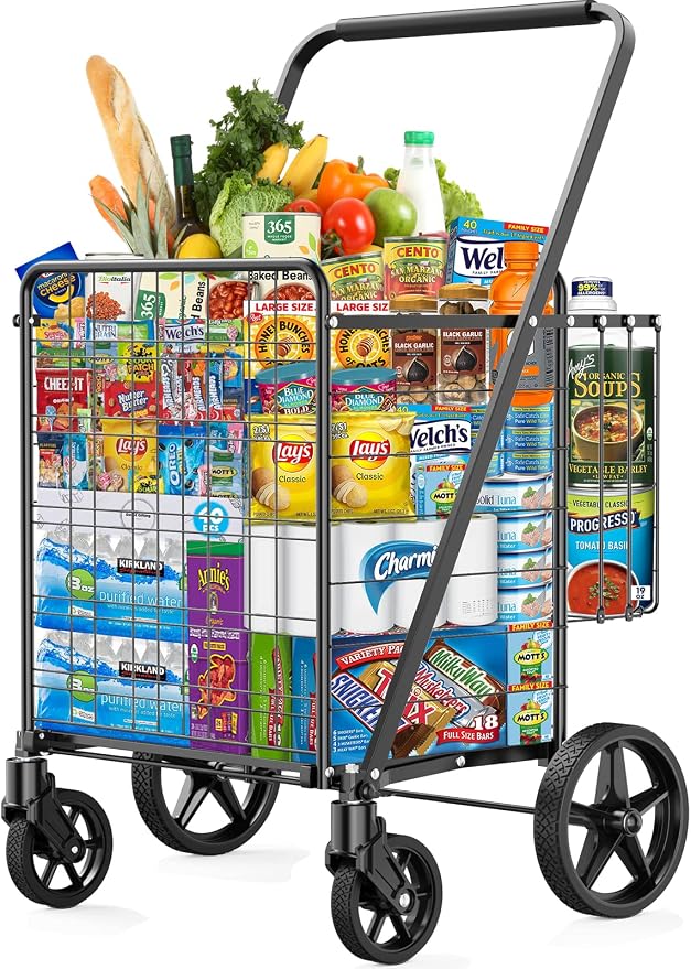 450lbs Capacity Shopping Cart,Upgrade Huge Grocery Cart on Wheels | Heavy Duty Foldable Utility Shopping Carts with Double Basket and 360° Rolling Swivel Wheels for Groceries Laundry Transport