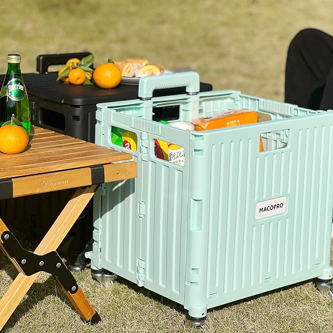MACOPRO Folding Utility Cart Portable Rolling Crate Handcart Shopping Trolley Collapsible Tool Box, with Lid, Basket on 4 Rotate Wheels, for Grocery, Office, Teacher, Travel Shop Move Luggage (Green)