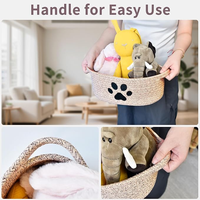 ABenkle Small Woven Basket with Handle, Cute Dog Paw Baskets for Gifts Empty, Decorative Rope Woven Storage Dog Toy Basket, Nursery Baskets for Baby Shower, 12" x 8" x 5"