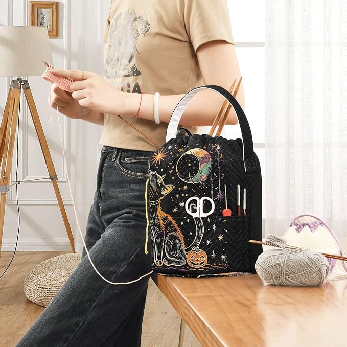 Fustylead Halloween Black Cat and Stars Moon Pumpkin Crochet Drawstring Organizer, Large Yarn Bag Storage Tote Basket for Crocheting On The Go, Kit Holder, Gift for Knitter, Crochet Beginner