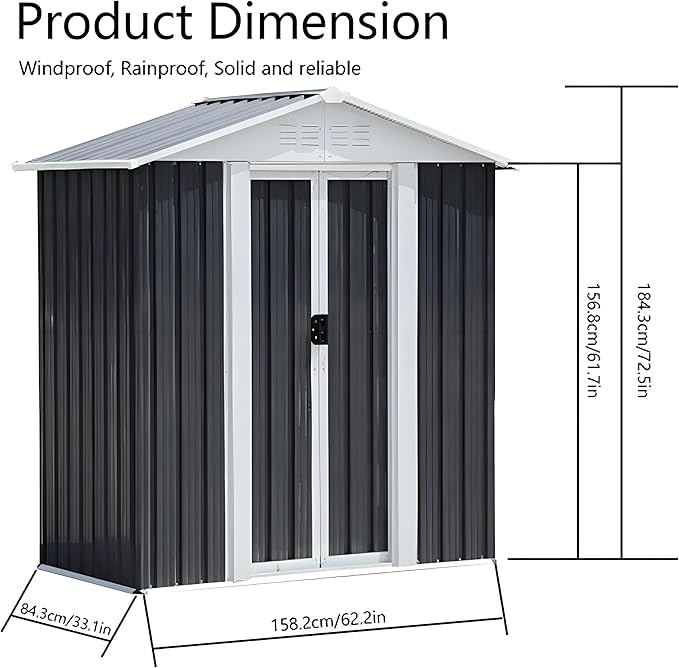 Outdoor Sheds 5FT x 3FT Outdoor Storage, Metal Anti-Corrosion Utility Tool House with Lockable Door & Shutter Vents,Outdoor Waterproof Garden Tool Metal Storage Sheds (Grey)
