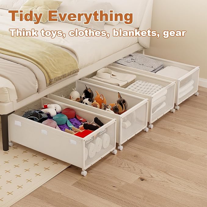Fokyfok 2Pack Under Bed Storage Containers,12 inch Height,31 inch Long | Under Bed Shoe Storage,Underbed Storage with Wheels,Large Rolling under bed Clothes Storage Drawers,Lid,Dorm Tall,Ivory