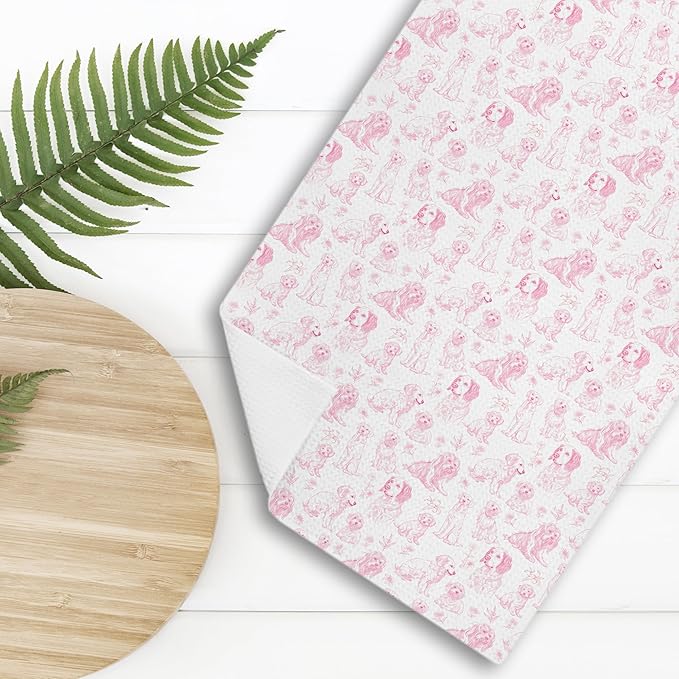 Pink Chinoiserie Dog Floral Decor Kitchen Towels,Pink Animal Print Grandmillennial Decorative Dish Tea Towels,Dog Gifts for Kitchen Bathroom Decor,16x24 Inch