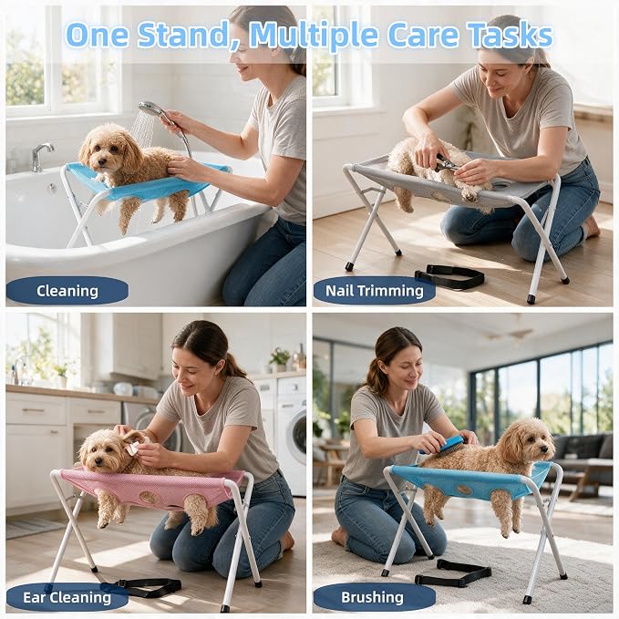Pet Grooming Hammock for Dogs, Foldable Bath Stand (Gray) | Foldable pet bathing stand, 8-hole mesh sling, Small dogs and cats, Holds up to 44 lbs