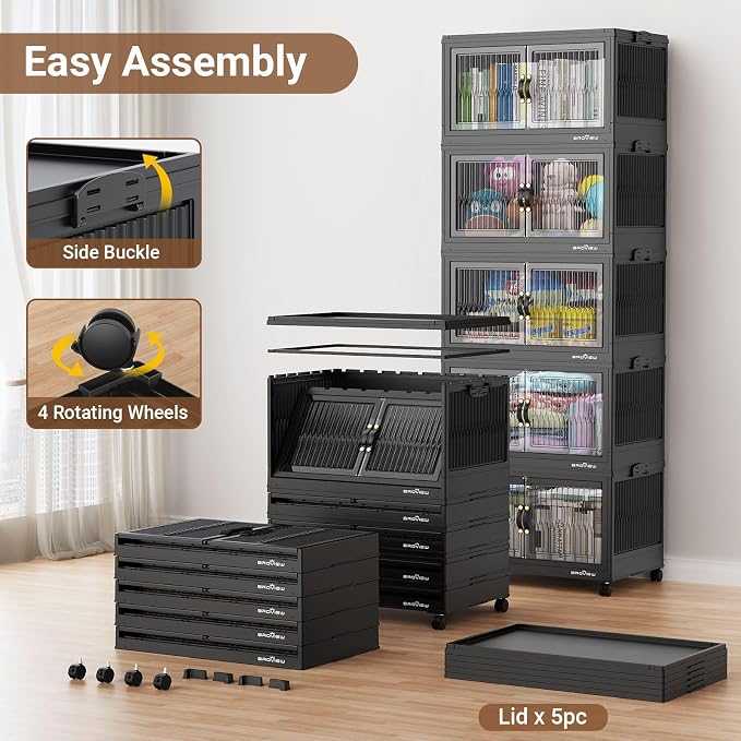 BROVIEW 480Qt Stackable Storage Bins with Lid for Home Dorm, 4Pack Black | Closet Organizers, Foldable & Collapsible Cabinets, Large Containers, Wheels & Magnetic Doors, Plastic Drawers for School