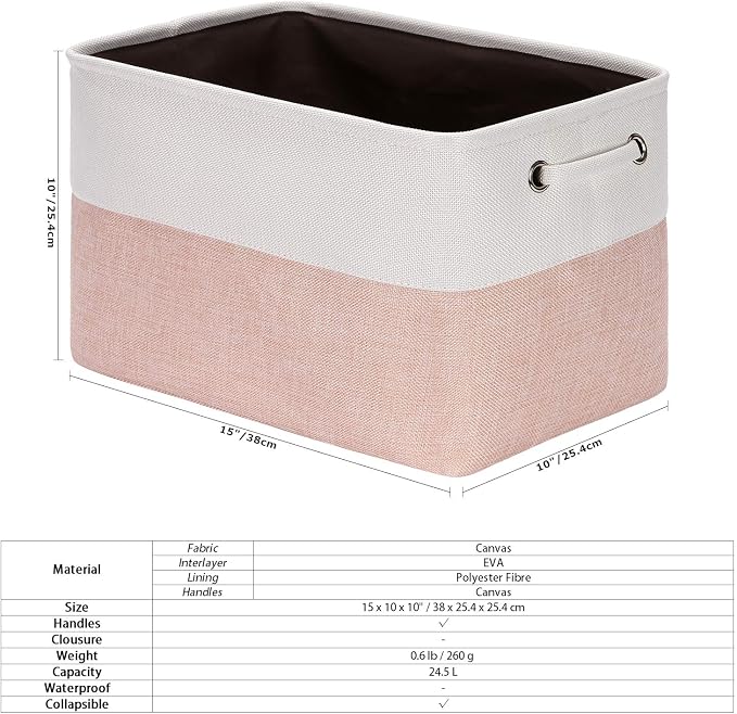 Sea Team Large Rectangle Canvas Open-Top Storage Baskets, 3-Pack | Collapsible Fabric Storage Bins with Handles, Closet Shelf Organizers, 15 x 10 x 10 Inches, Pale Blush & White