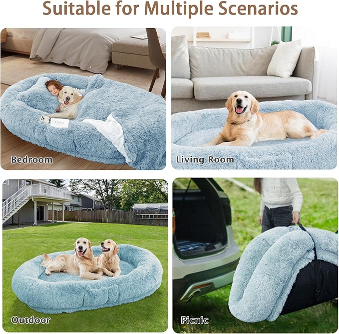 ROOMTEC Human Dog Bed, 71''x45''x12'' Size Fits Adult and Pet Washable Giant People Bed 10 CM Thick Memory Foam Large Oversize Pet Bed with Plump Pillow, Blanket, Strap - Blue
