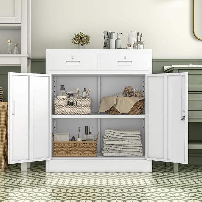 Wanfu Metal Storage Cabinet, Locking Storage Cabinet with Adjustable Shelf, 36" H Metal Cabinets with 2 Drawers for Office, Garage, Home-White