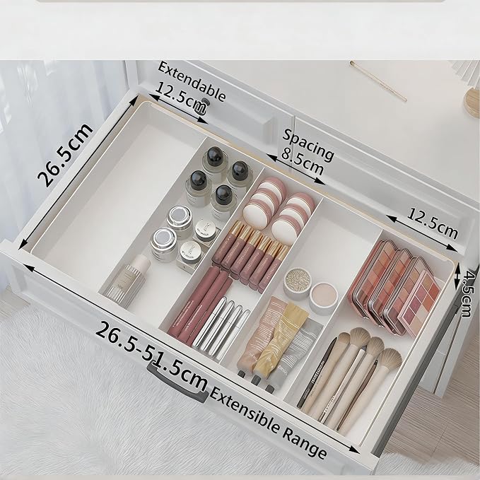 Retractable Drawer Storage Box - 6 Detachable Dividers with 2.04 Inch Shallow Drawer Height PET for Kitchen Utensils, Cosmetics, Office Supplies Storage (10.43 Inch L,20.27 Inch)