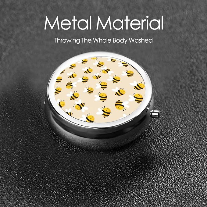 Travel Pill Holder, Cute Bee Pattern Round Compact Organizer, Small Dispenser with Mirror, Pocket Purse Case for Vitamins