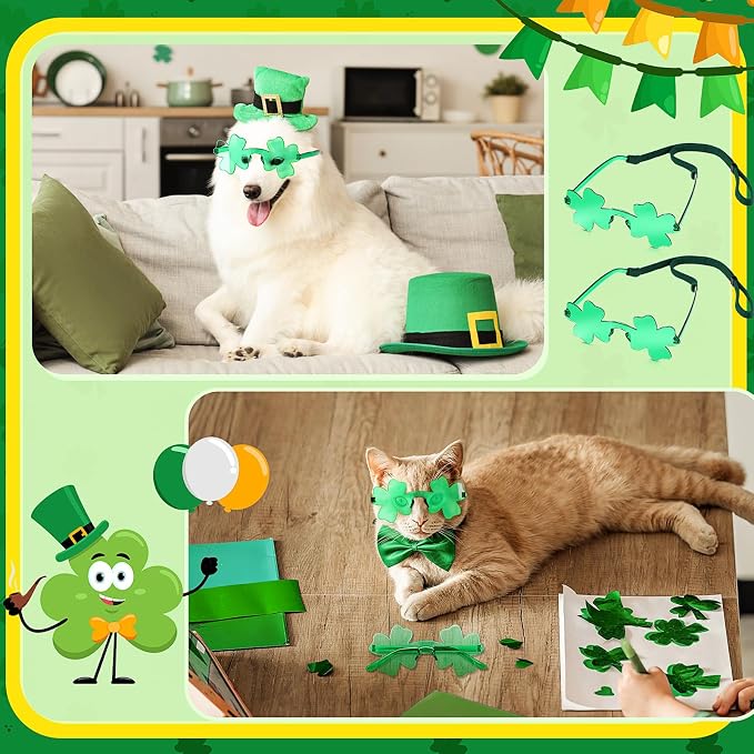 St. Patrick's Day Dog Sunglasses with Adjustable Strap, Green Shamrock Pet Glasses Accessory for Medium Large Dogs Cats, Irish Festival Parade Costume & Photo Prop(General)