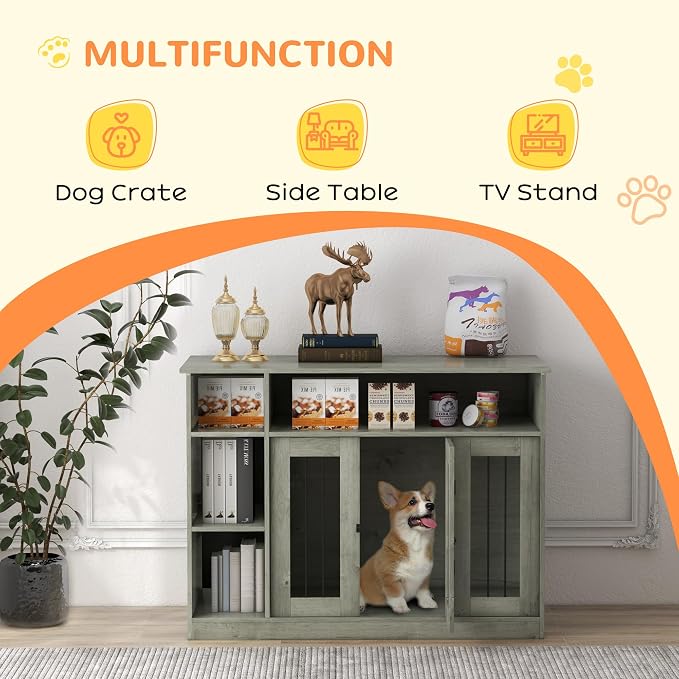 Dog Crate Furniture, 47" Indoor Dog Kennel and Pet Cage with Storage for Large and Medium Dogs, Furniture-Style Enclosure for Living Room or Bedroom, Gray