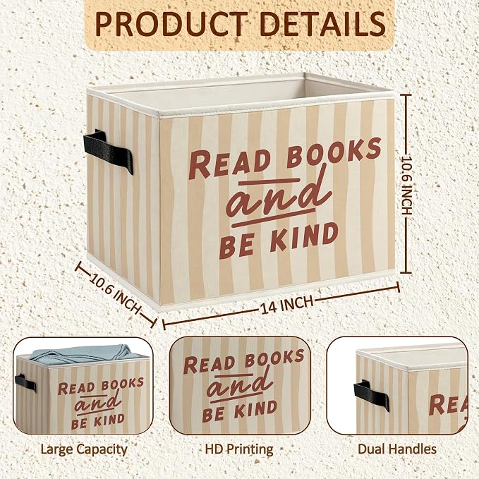 Kids Classroom Book Foldable Storage Bins Box with Handles, Read Books and Be Kind Decorative Storage Boxes Baskets Toybox Organizer for Library Reading Room Classroom Kids Room Bedroom