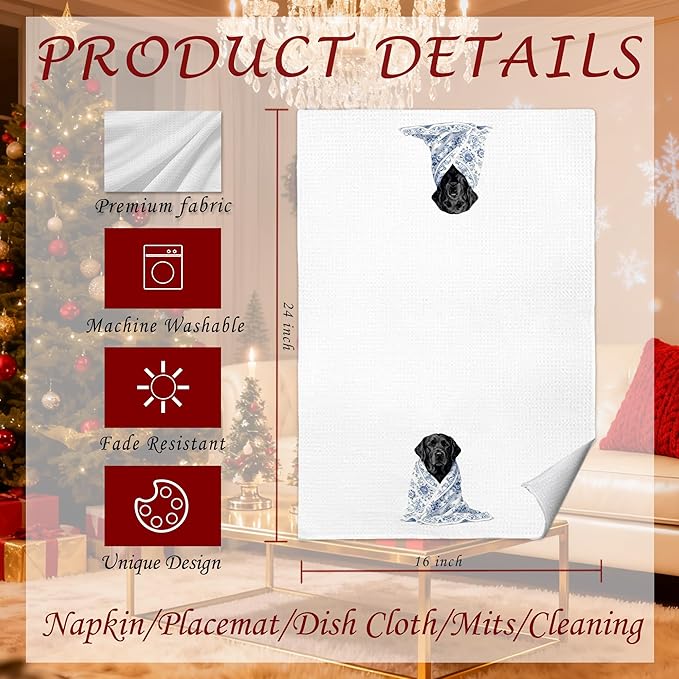 Blue Chinoiserie Black Labrador Retriever Kitchen Towels 16x24 in, Black Lab Gifts, Grandmillennial Floral Blanket Dog Decorative Hand Tea Dish Towels for Bathroom Kitchen