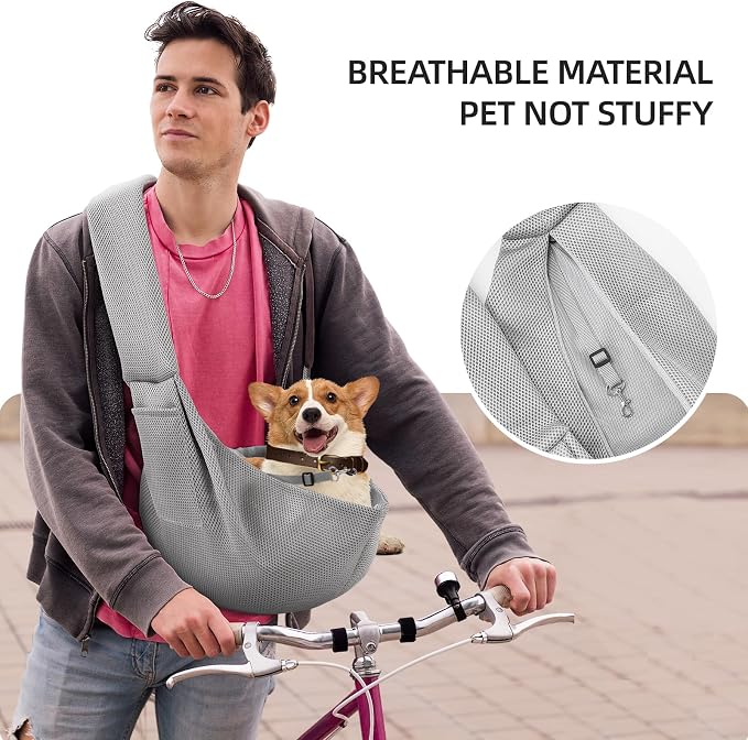 Dog and Cats Carrier Sling, Breathable Puppy Small Pet Carrier with Pocke | Reversible Dog Sling Carrier, Safety Buckle, Storage Pocket, Machine Washable for Travel, Outdoor Activities, Hand-Free, Gray