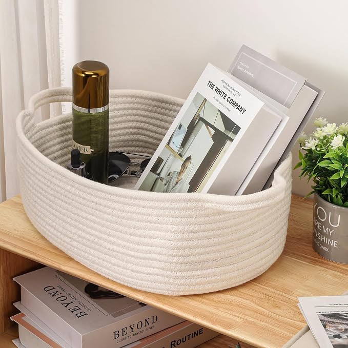 Small Woven Cotton Rope Basket Cute Baby Gift Baskets Empty Decorative Storage for Organizing Shelves Closet Baby Nursery Basket Bin Toy Storage tote Organizer 13.7"x10.2"x 5" Pure White easter
