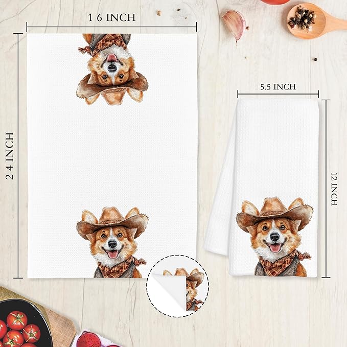 Western Corgi Dog Gifts Kitchen Towels Decorative - Gifts for Corgi Lovers Dish Tea Towels for Kitchen Drying, Cowboy Hat Dog Hand Towels for Bathroom Decor, 16x24 Inch