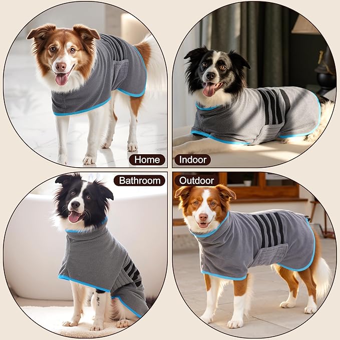 Microfibre Dog Bathrobe Towel Wrap Super Absorbent Dog Drying Coat Bath Robe for Puppy, Medium & Large Dogs, Fast Drying, Adjustable