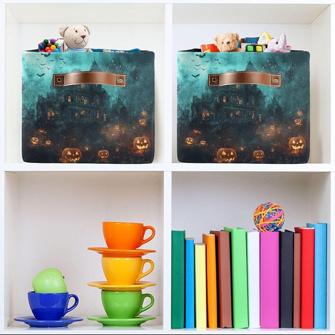 Halloween Castle Storage Basket with Waterproof Liner and PU Handles Spooky Bat Pumpkin Lantern Storage Bins Boxes 14.2" Collapsible Decorative Organizer Baskets for Bedroom Closet Office 1 Pack